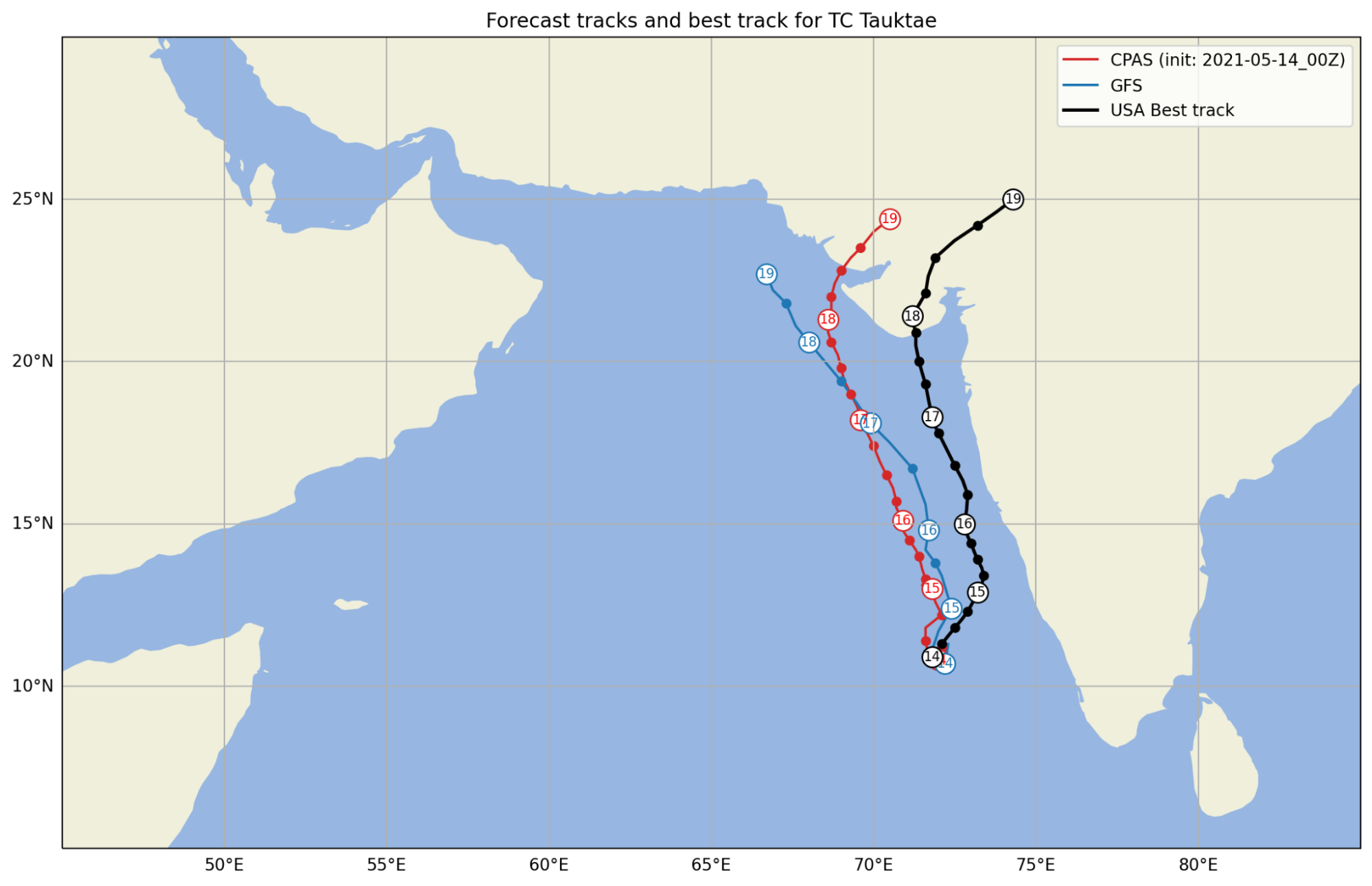 CPAS predicted track of Cyclone Tauktae vs GFS and NOAA best track