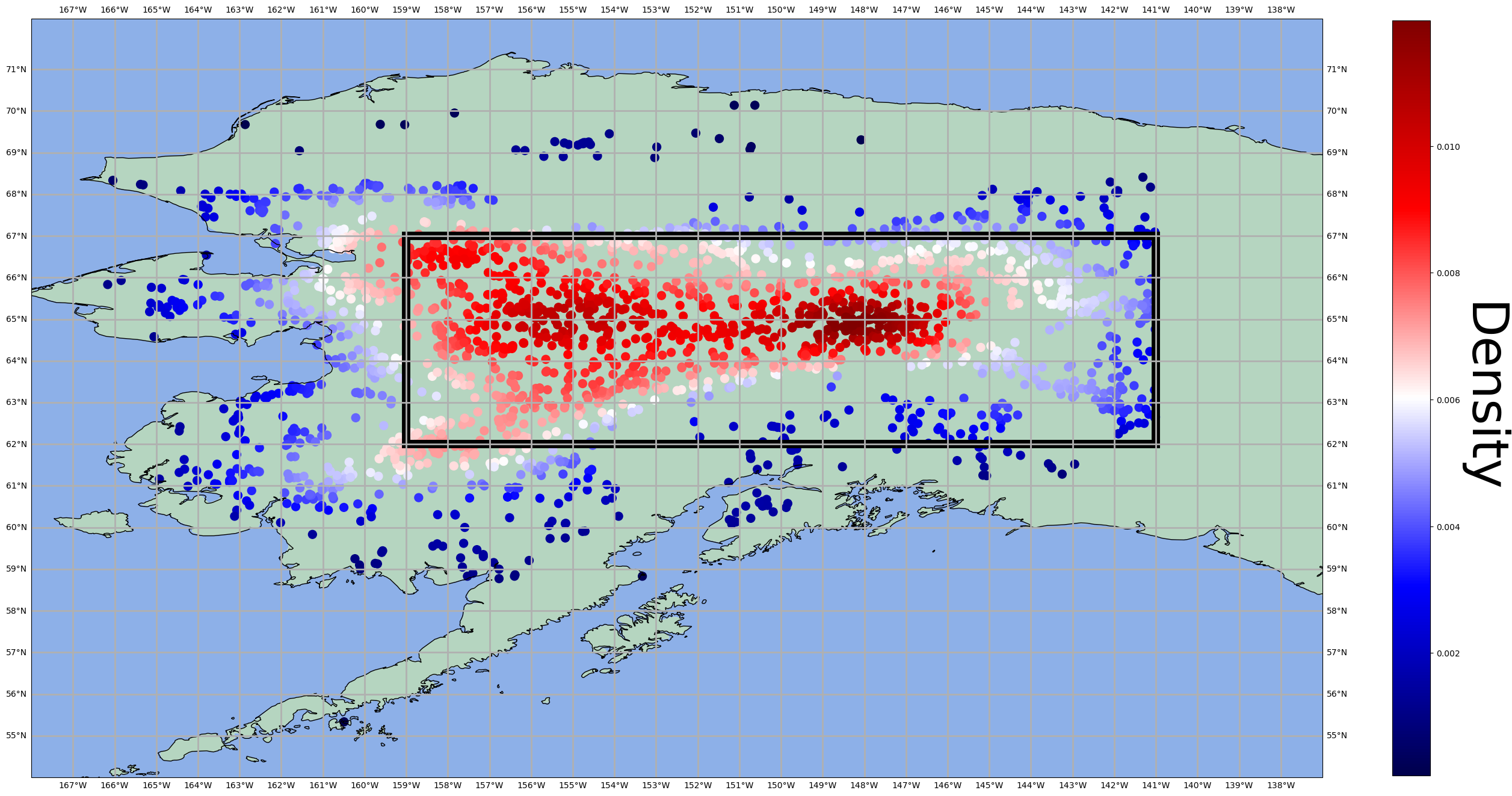 Spatial density of naturally occurring wildfires in Alaska from 2010 to 2020